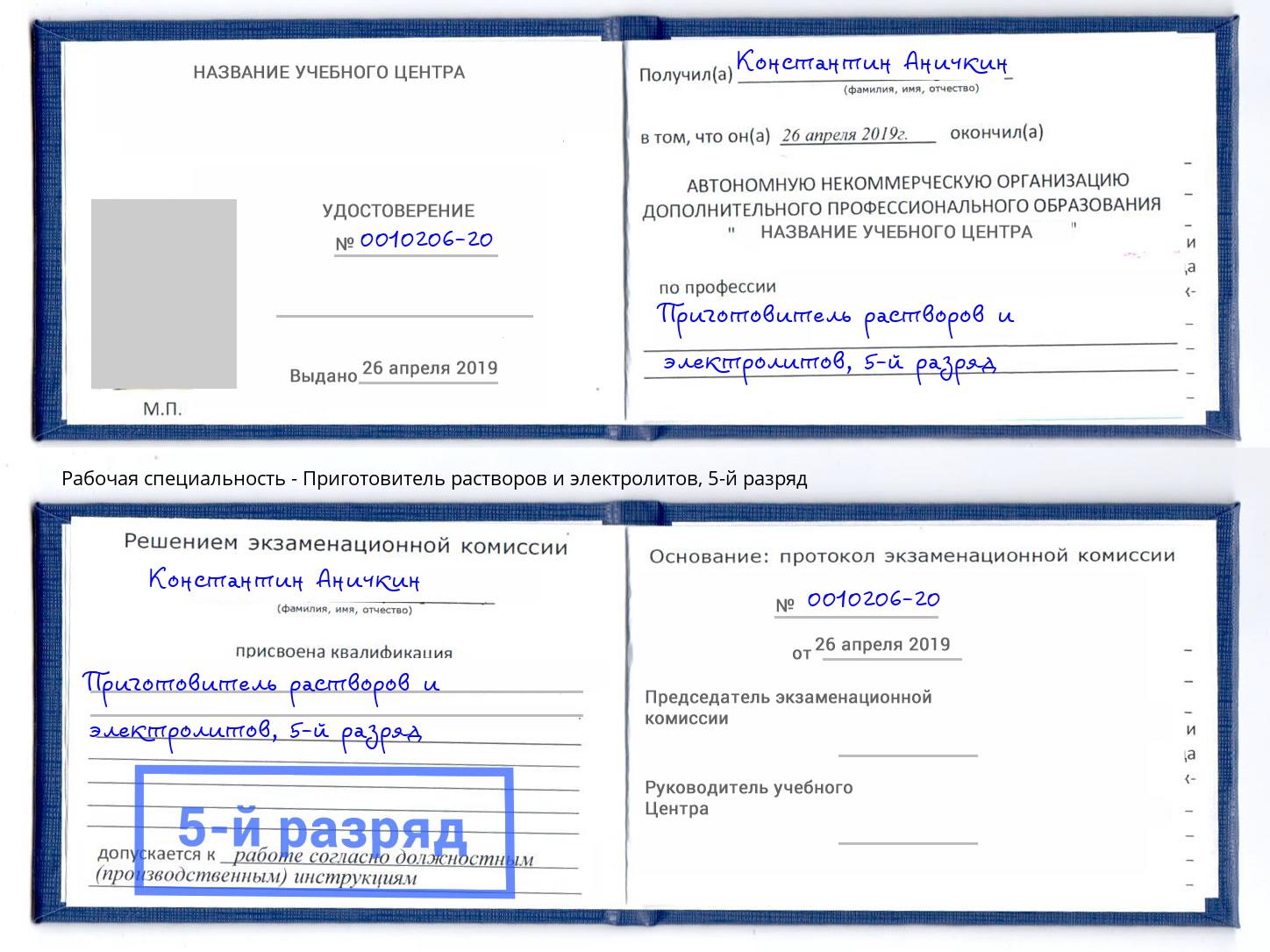 корочка 5-й разряд Приготовитель растворов и электролитов Курск