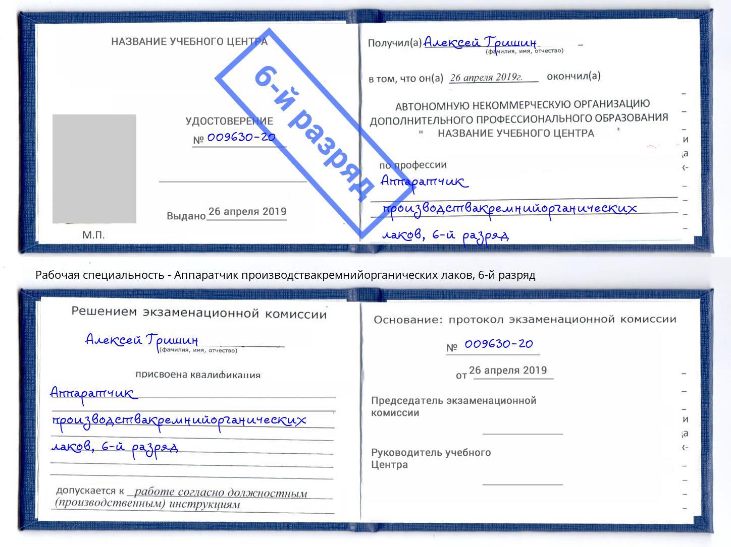 корочка 6-й разряд Аппаратчик производствакремнийорганических лаков Курск