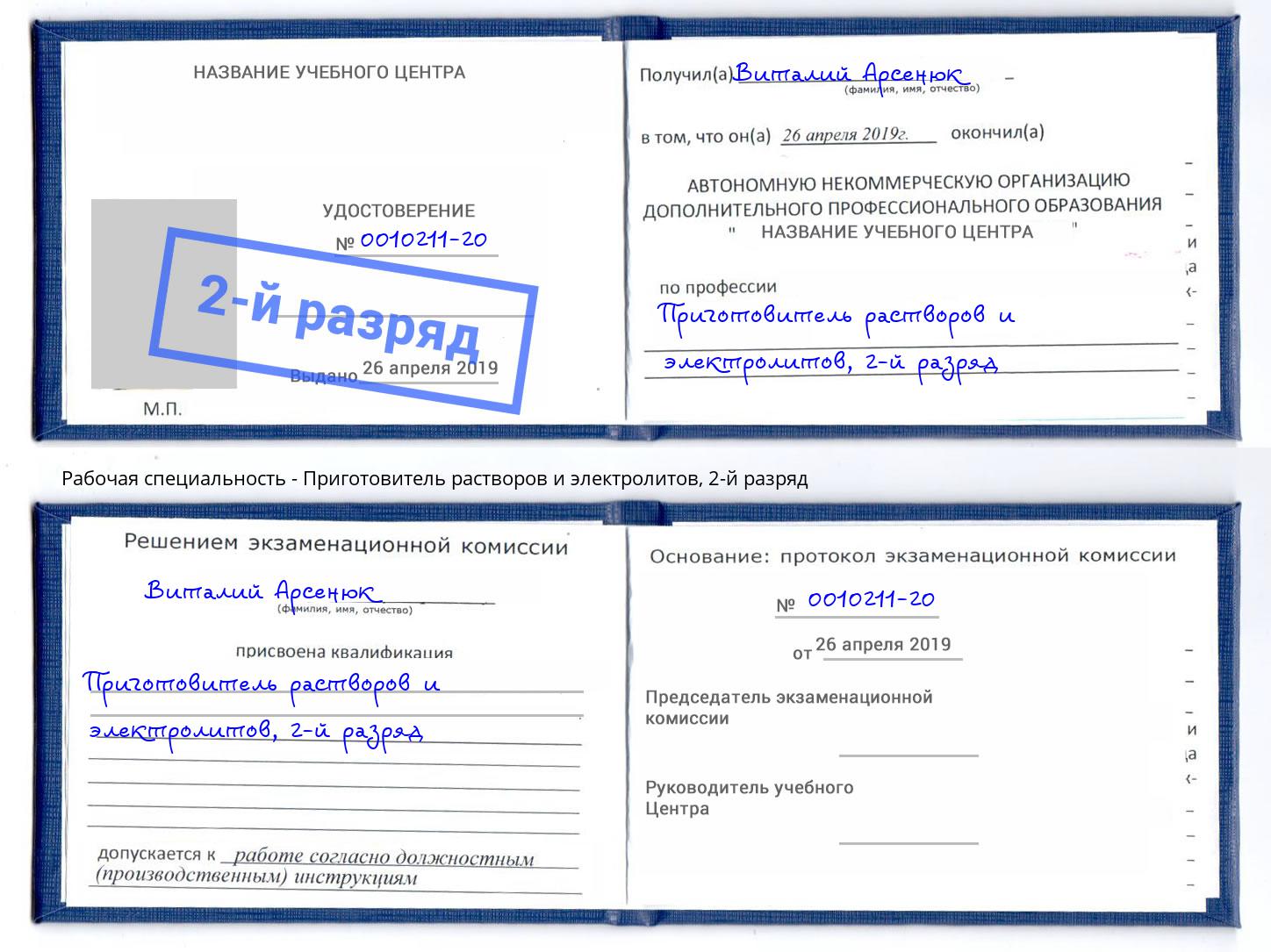 корочка 2-й разряд Приготовитель растворов и электролитов Курск