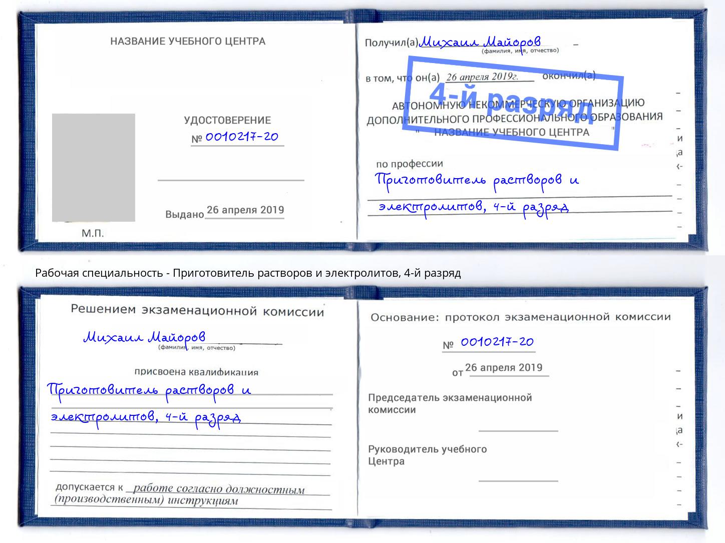 корочка 4-й разряд Приготовитель растворов и электролитов Курск
